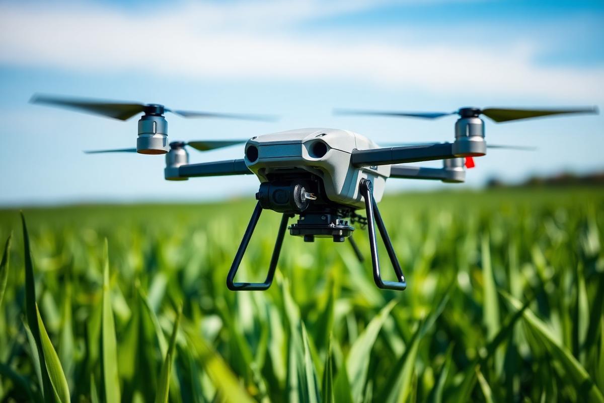 Drone agricole de pulvérisation en vol au-dessus d'un champ