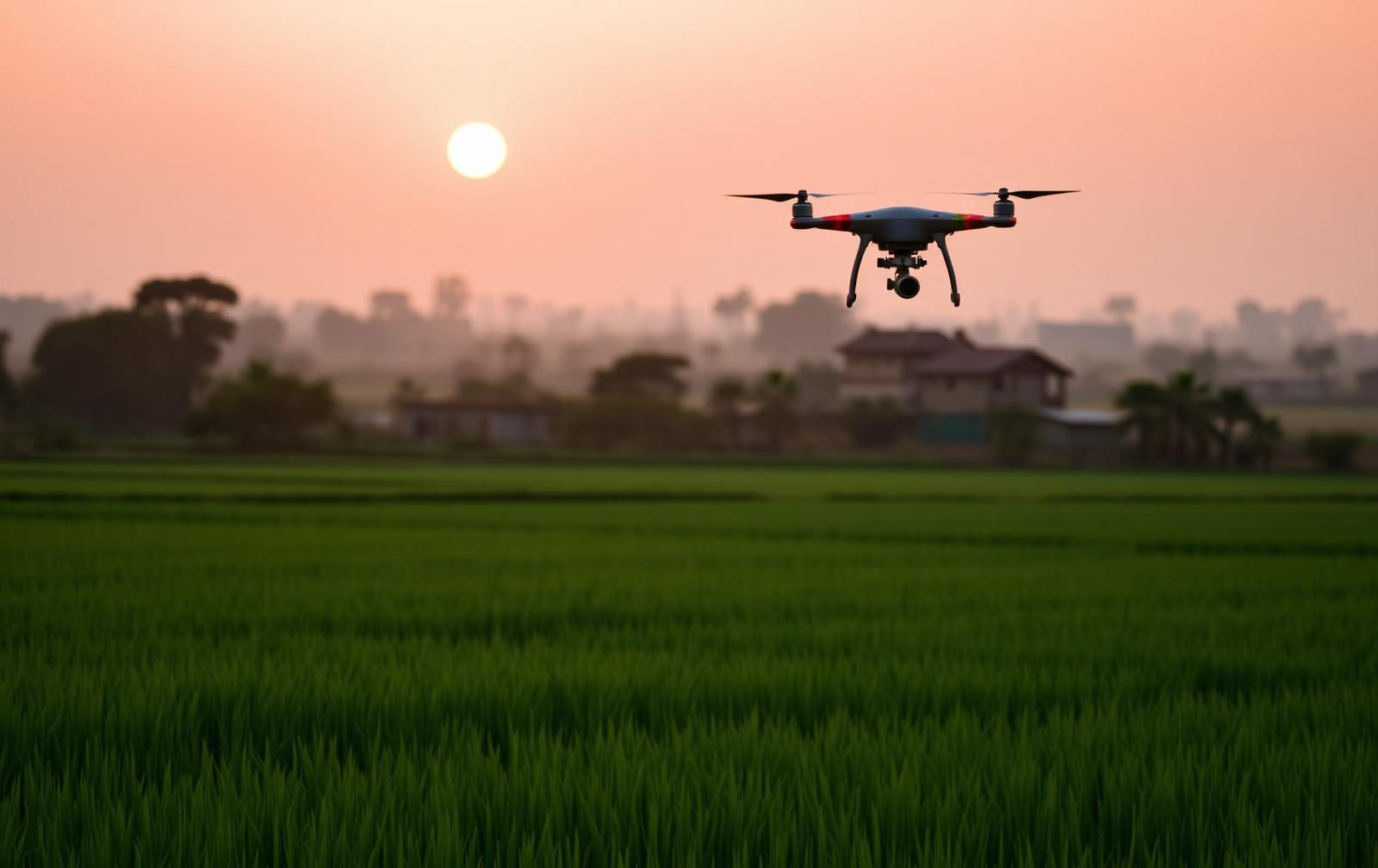 Drone agricole en mission de pulvérisation au-dessus de rizières