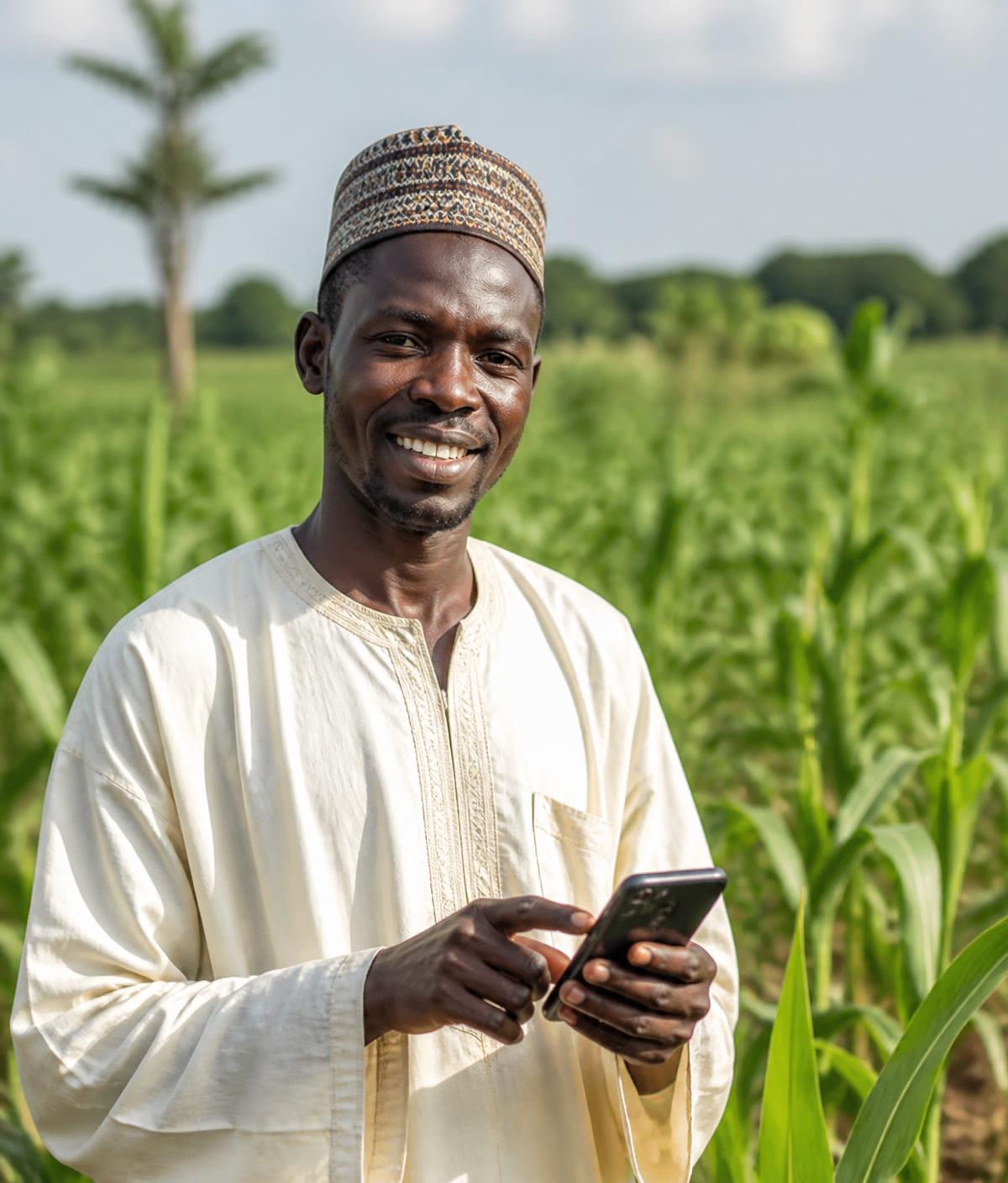 Agriculteur consultant l'application AGROSKY sur son smartphone dans son champ