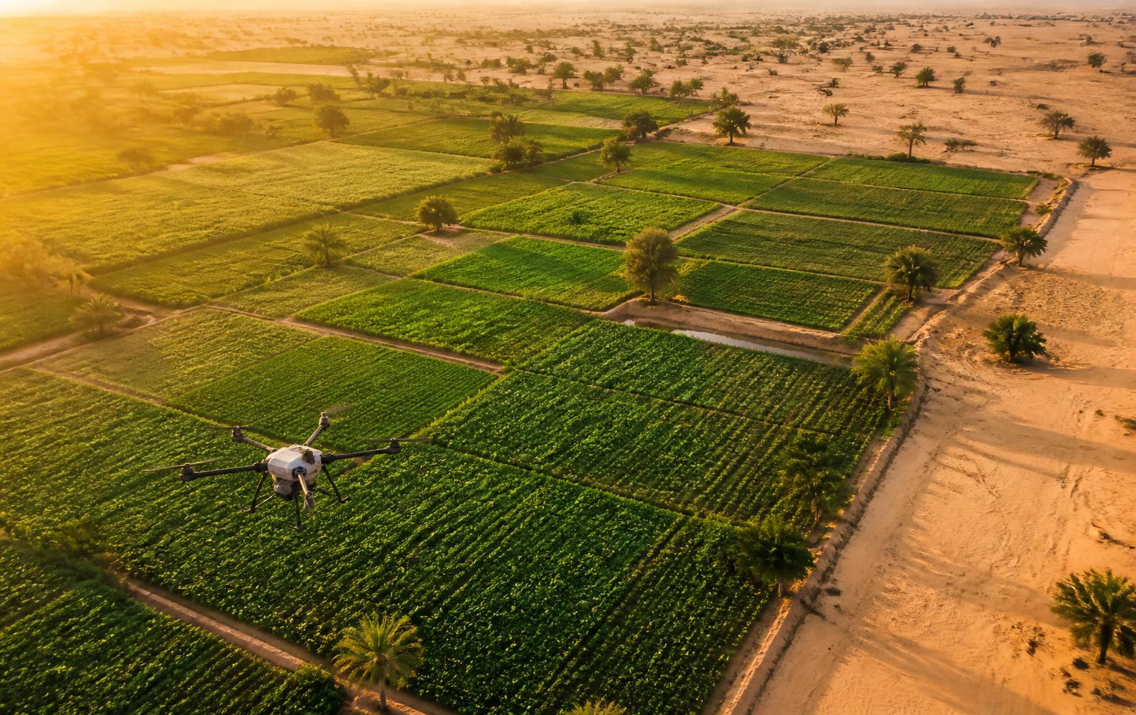 Vue aérienne de parcelles irriguées survolées par un drone agricole