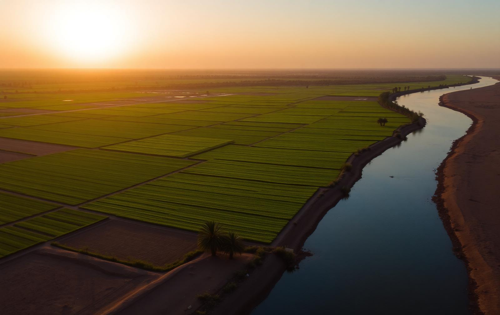 Parcelles irriguées au coucher du soleil le long du fleuve Sénégal